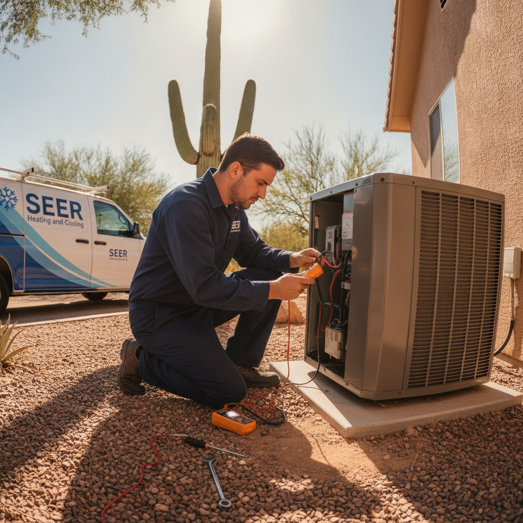 SEER Heating & Cooling technician repairing an outdoor condenser unit at a Tucson home